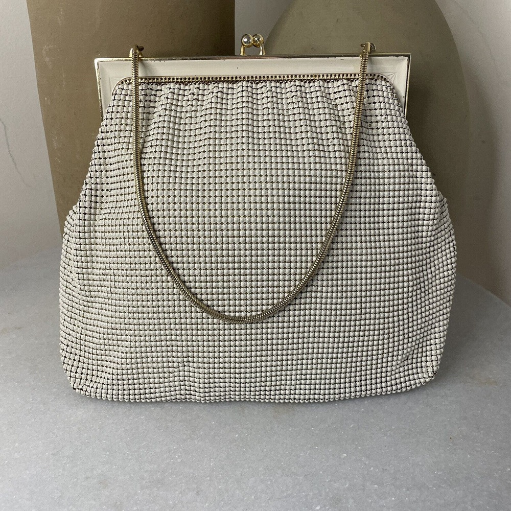 Vintage Whiting & Davis Handbag Purse Cream White Metal Mesh Chain Evening Bag